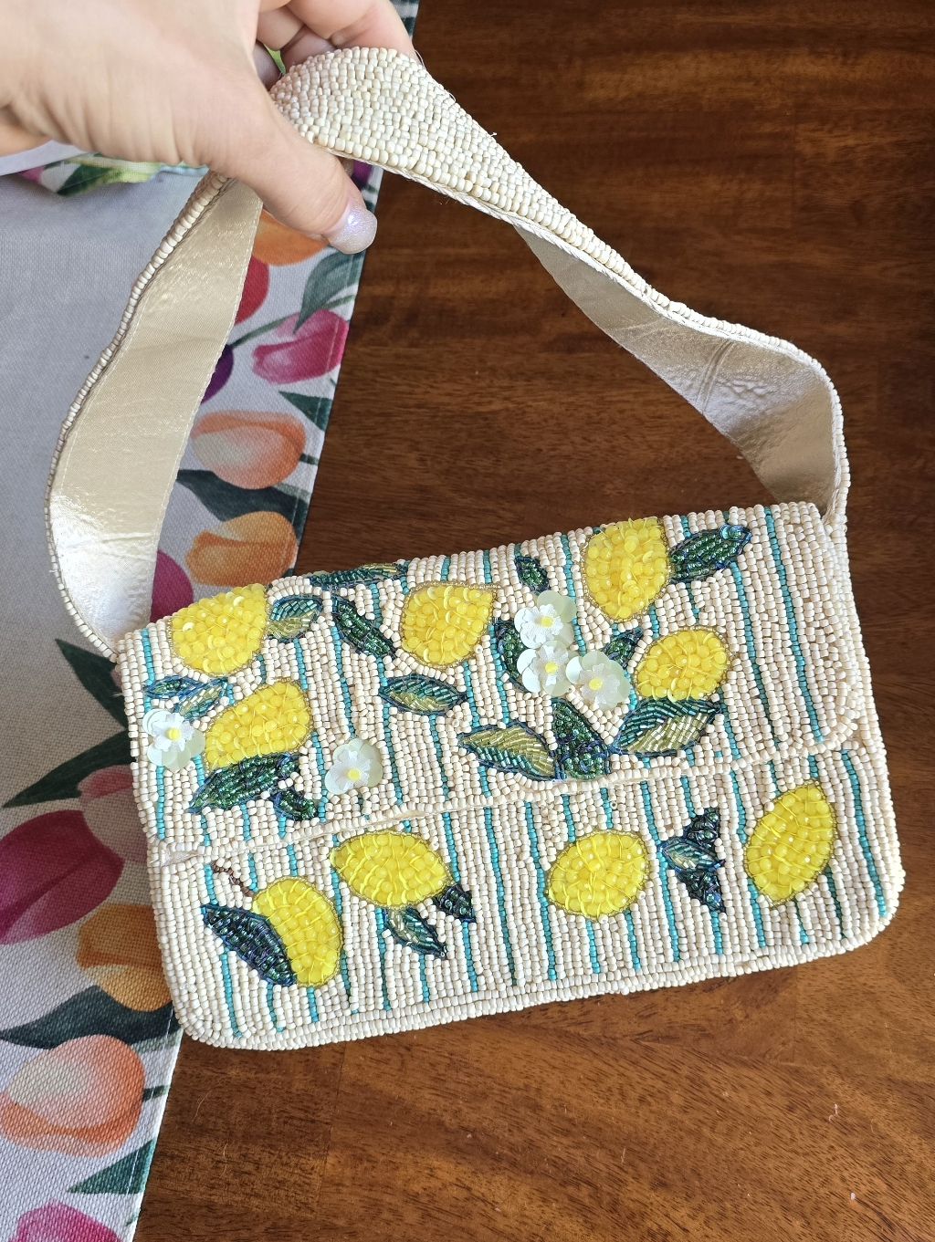 T.J.Maxx Beaded Lemon Pattern Shoulder Bag In Yellow, Green, Cream